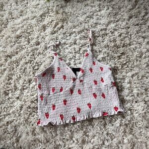 Red Rose strawberry, patterned, super cute vintage crop Smocked Floral Blouse fl